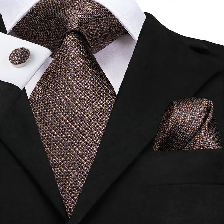 Elegant Silk Brown Necktie Set with Pocket Square & Cufflinks