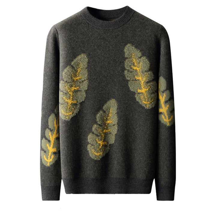 Woolen Sweater Men's Round Neck Loose Contrast Color Jacquard