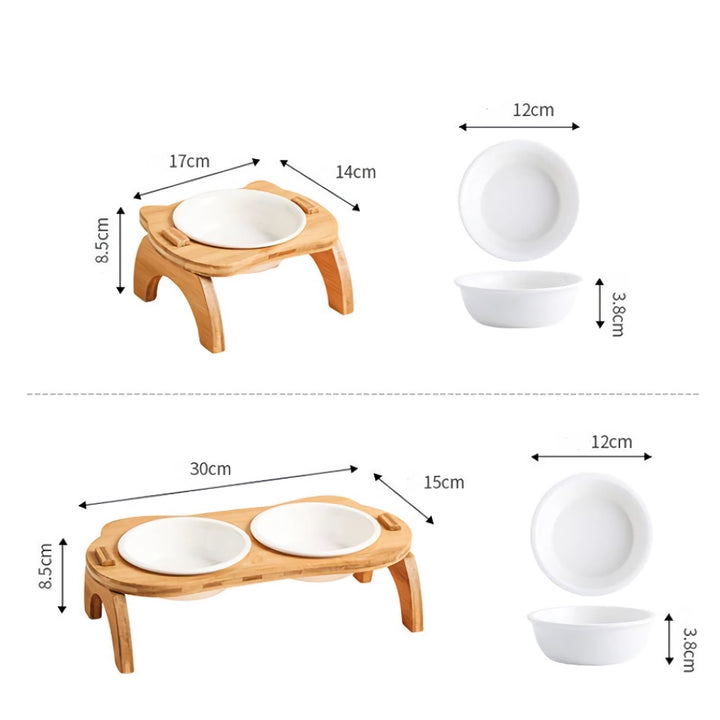 Elevated Bamboo Double Cat and Dog Bowls with Anti-Leak Design