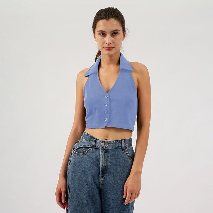 Chic Cotton-Polyester Cropped Halter Top