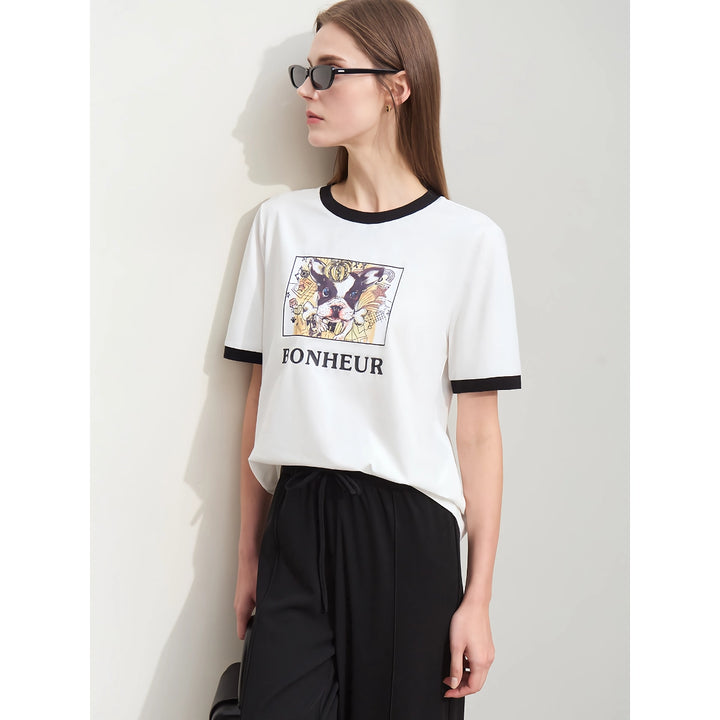 Minimalist Women's Cotton Puppy Print Patchwork T-Shirt