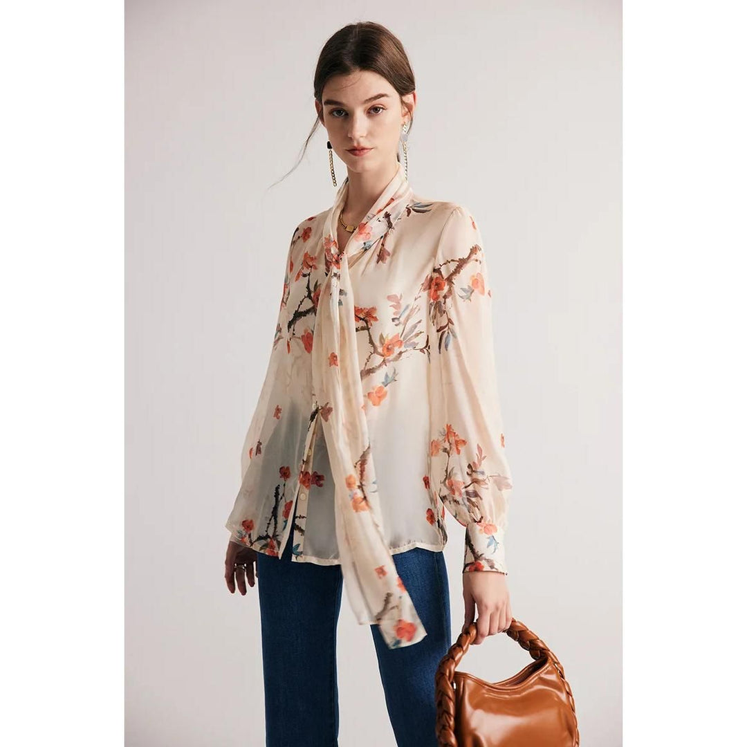 Elegant Floral Silk Blend Bow Collar Blouse