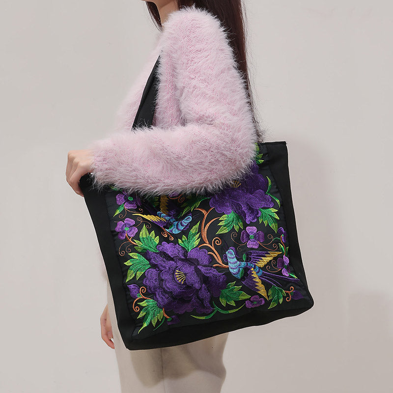 Elegant Phoenix Embroidered Canvas Shoulder Bag for Women