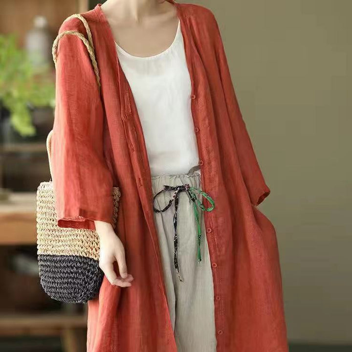 Artistic Plus Size Loose Mid-length Cotton And Linen Shirt Solid Color