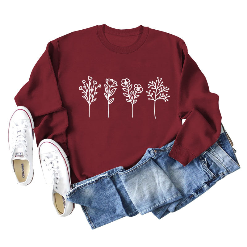 Four Flowers Printed Casual Long Sleeve Sweatshirt