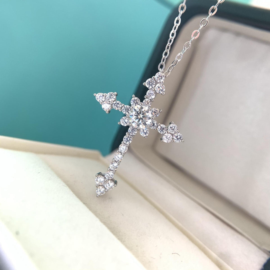 Mo Sang Stone Diamond Cross Pendant Necklace Female