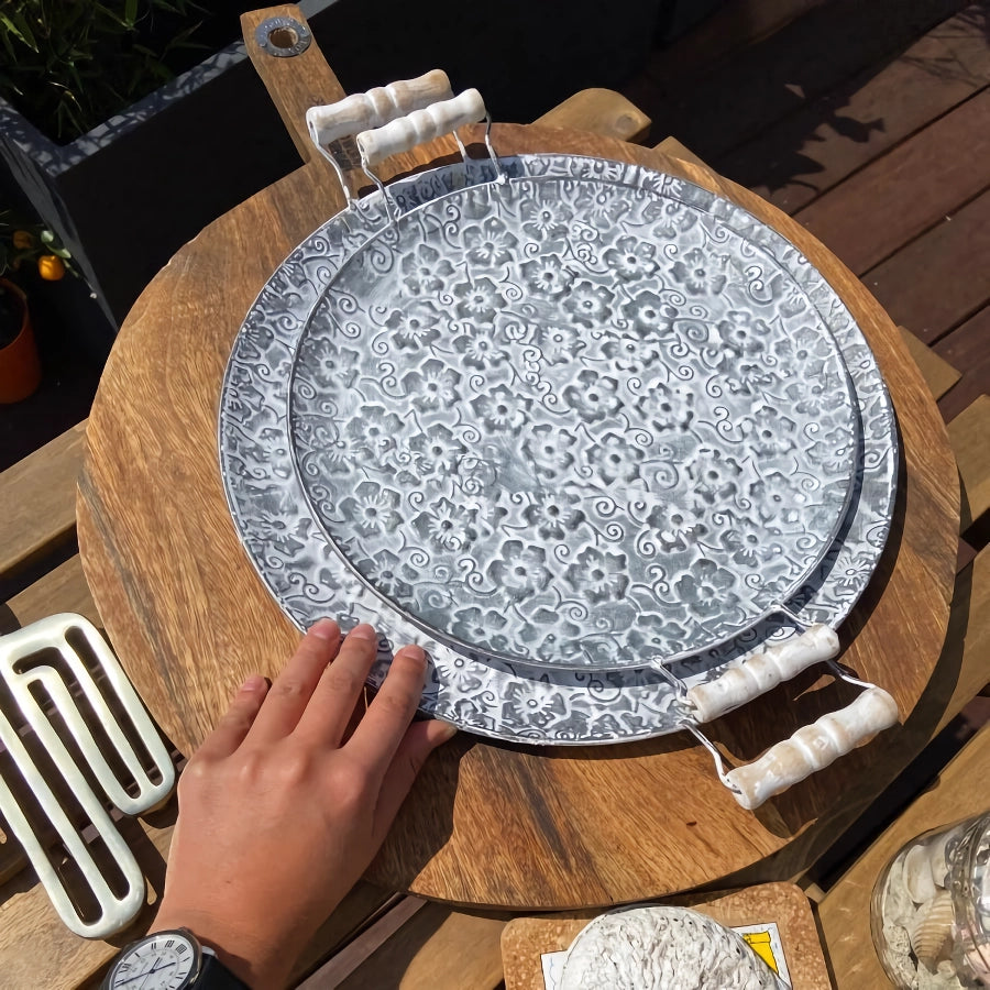 Handcrafted Round Metal Antique Serving Tray with Wood Handles