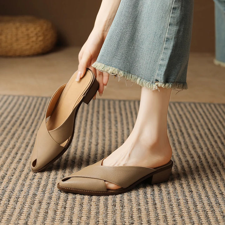 Summer Leather Mules for Women | Pointed Toe Chunky Heel Sandals