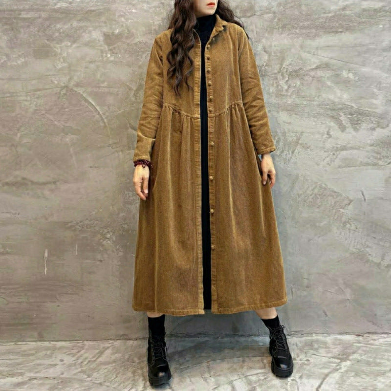 Retro Artistic Corduroy Women's Dust Coat Spring Long Below The Knee Outer Wear Corduroy Loose