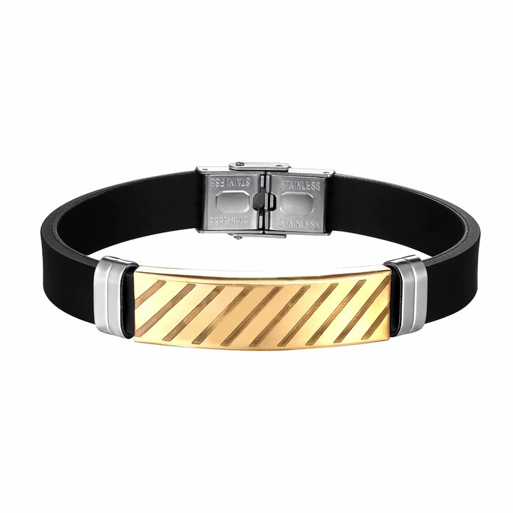 Geometric Stripe Stainless Steel and Silicone Cuff Bracelet