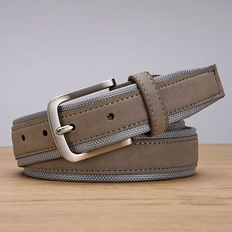 Men’s Suede Leather Belt with Oxford Fabric Strap – Genuine Leather Luxury Pin Buckle