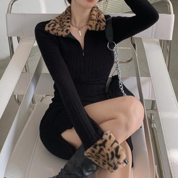 New Leopard Print Long Sleeve Padded Dress Women