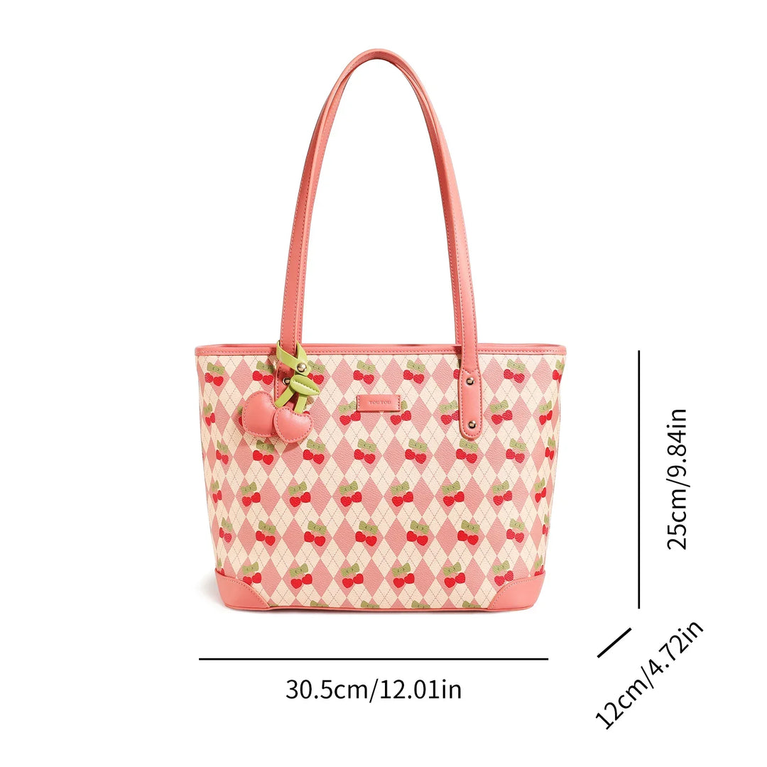 Large Capacity Cherry Print PVC Tote Bag