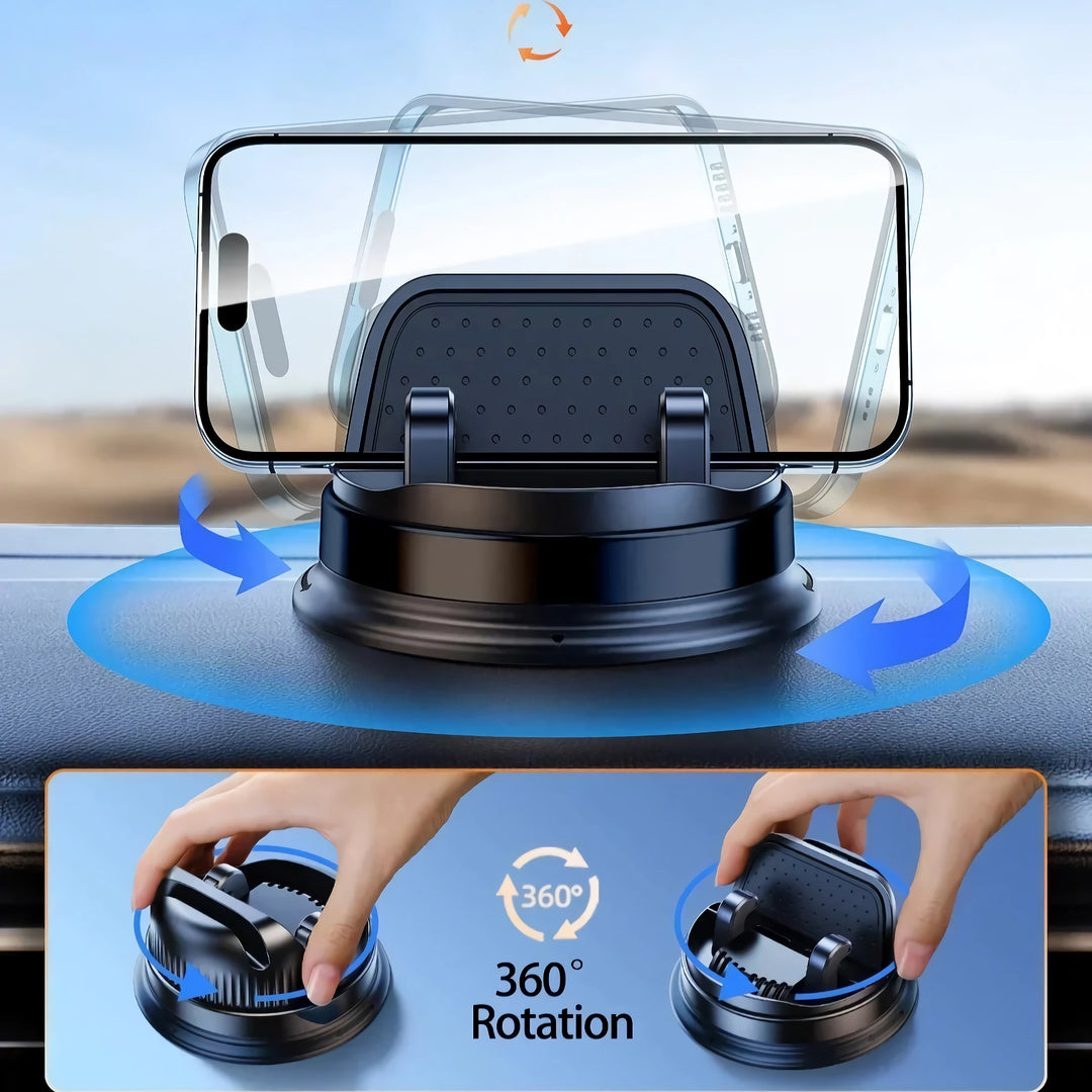 360° Rotatable Car Phone Holder with Auto-Clamp & Eyeglasses Storage