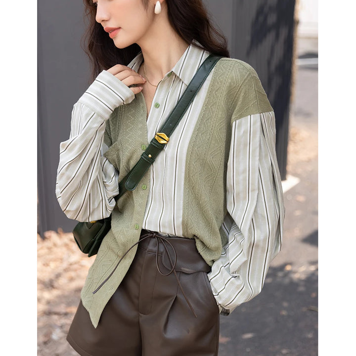 Autumn Korean Knitted Patchwork Striped Turndown Collar Casual Tops for Women