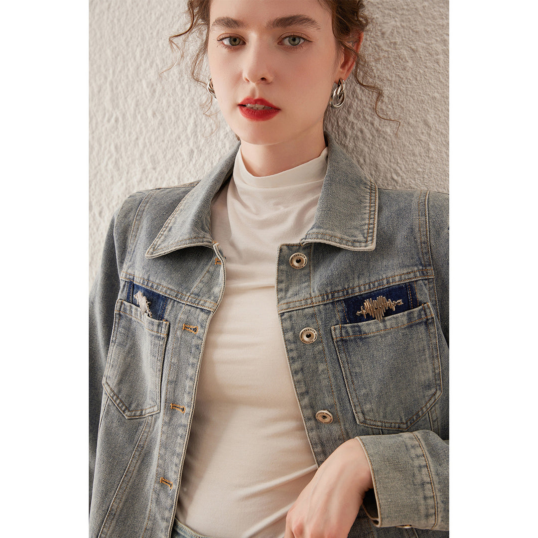 Spring Retro Washed Denim Jacket with Turn Down Collar