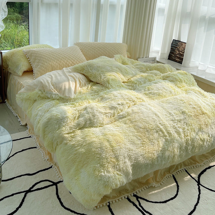 Milk Fiber Winter Mink Fur Bed Four-piece Long Wool Quilt Cover Coral Velvet Double-sided Plush Fleece-lined Quilted Bed Skirt Princess Style