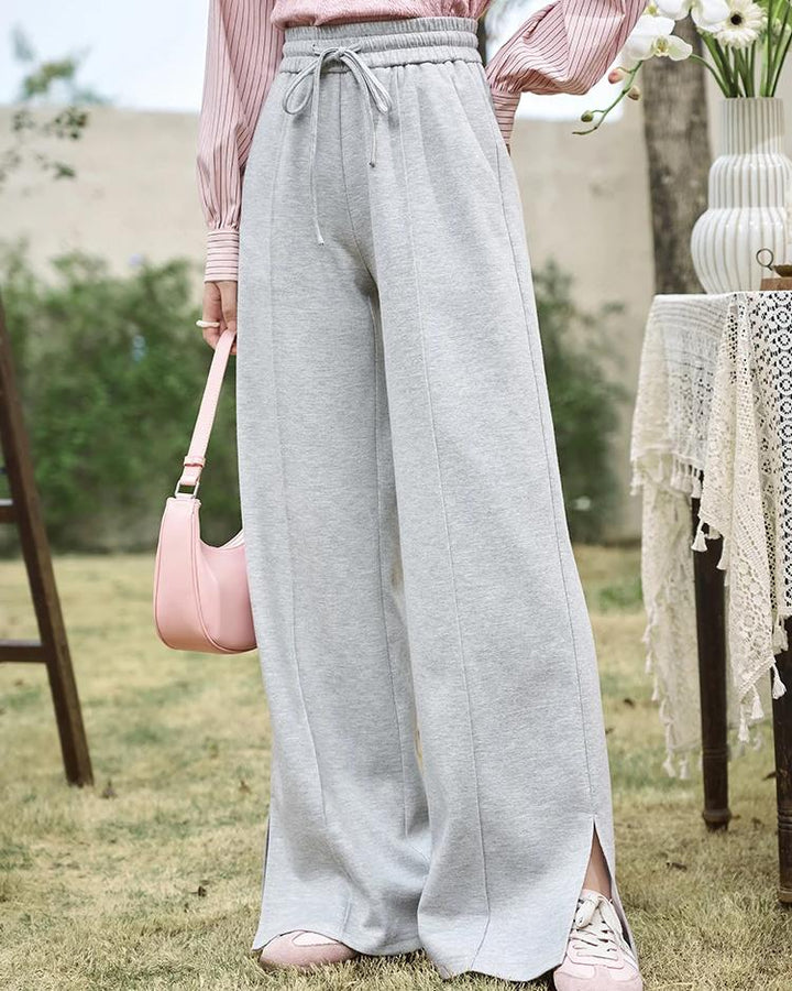 High-Waisted Wide Leg Casual Pants with Lace-Up Waist