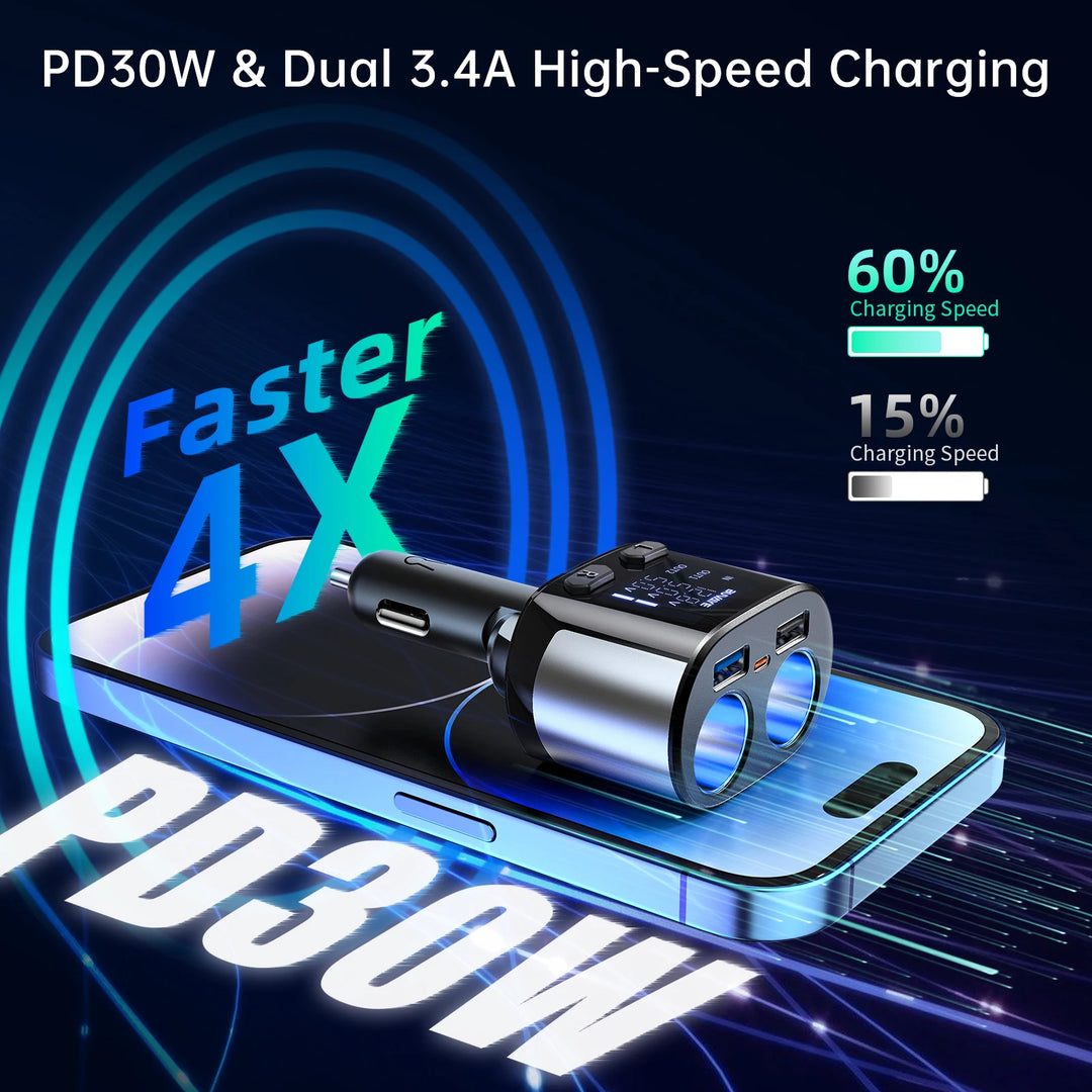 66W Car Fast Charger with Dual USB PD Adapter and Digital Display