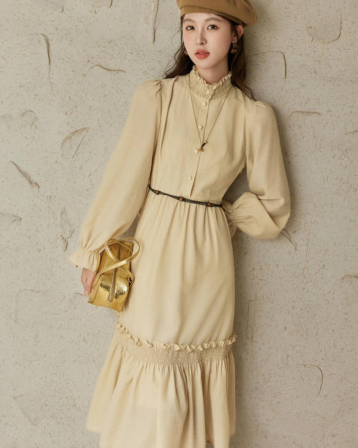 Elegant French Stand Neck A-Line Dress with Elastic Sleeves for Autumn