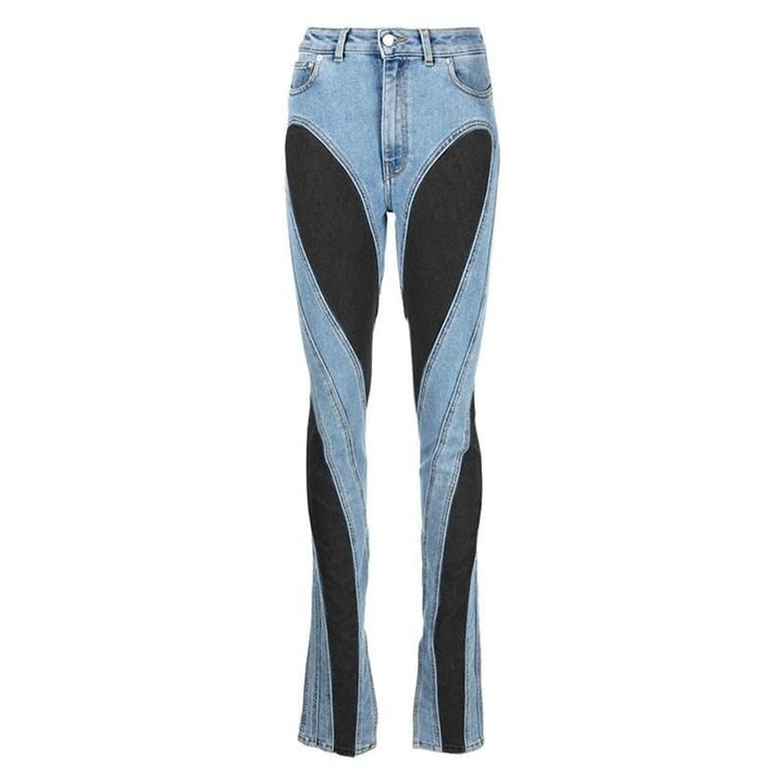 High Waist Slim Fit Patchwork Denim Pants