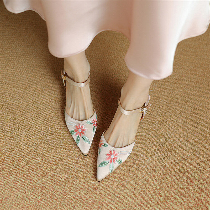 Embroidered Fashion Sandals with Pointed Toe and Spike Heels