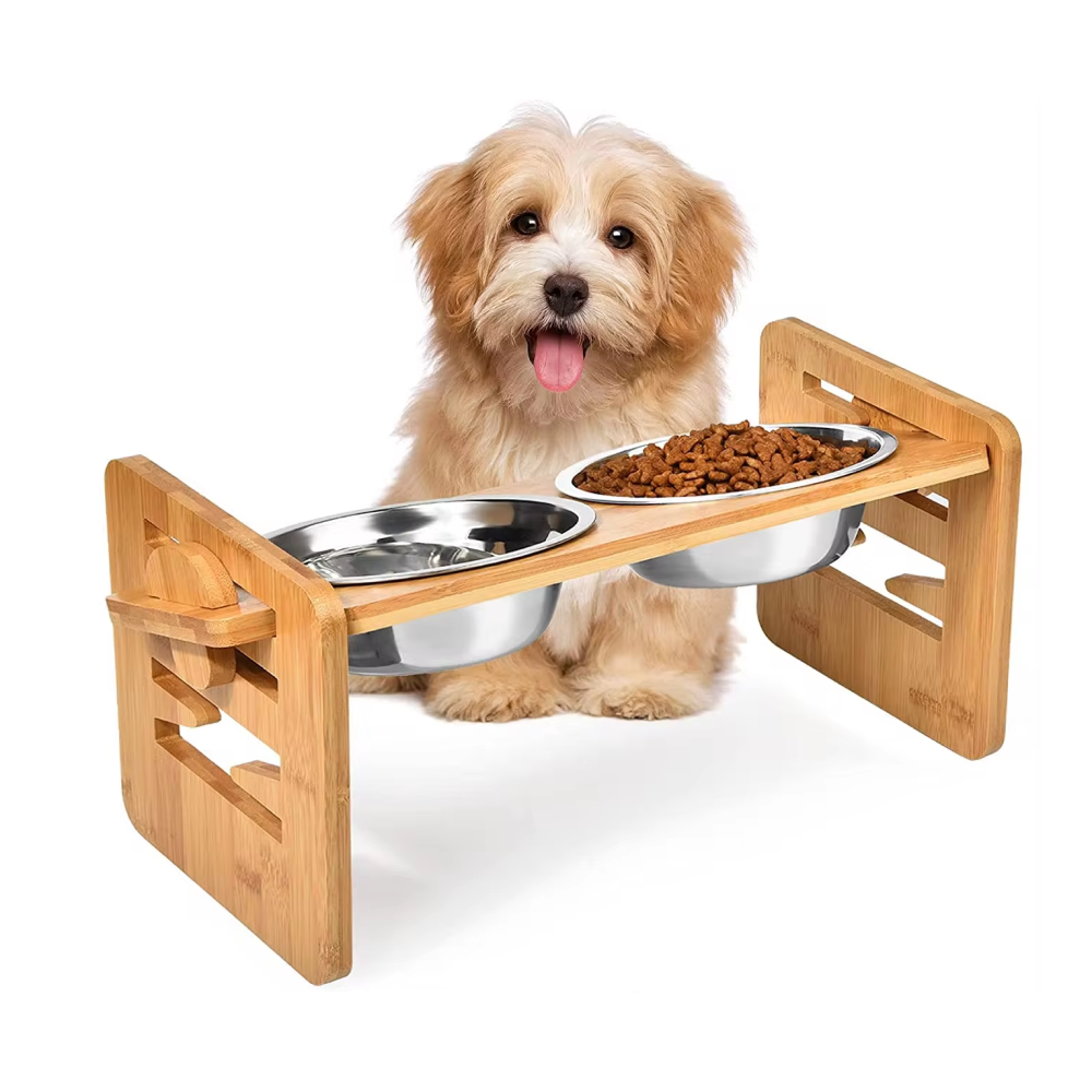 Bamboo Elevated Dog Bowls with Adjustable Stand