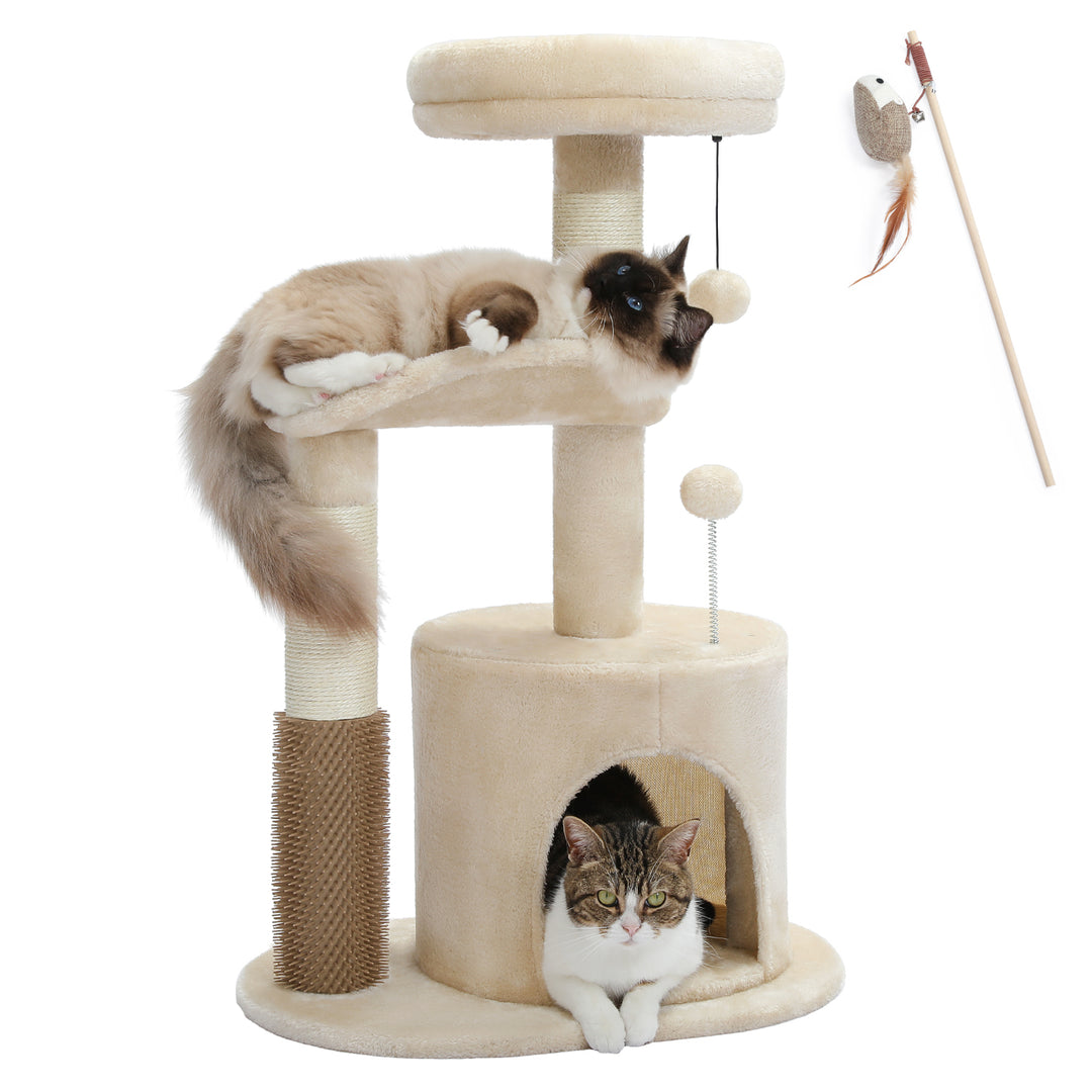 Cat Tree Condo with Self-Grooming Brush & Scratching Post for Active Kittens and Cats