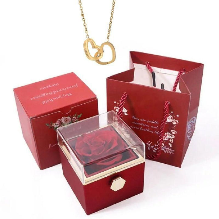 Elegant Stainless Steel Rotating Rose Box with Engraved Heart Necklace