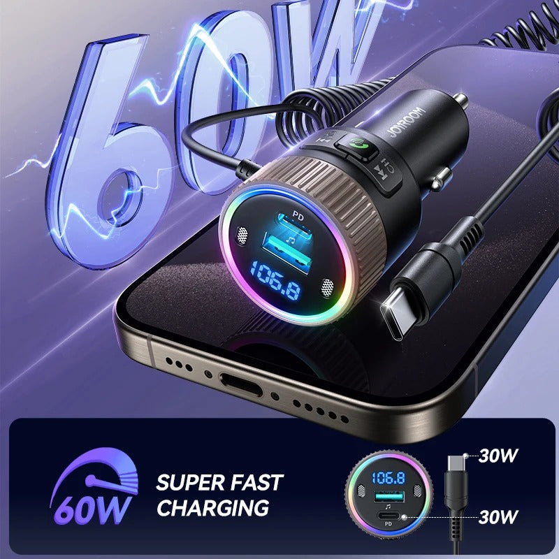 60W Bluetooth 5.4 FM Transmitter with Dual Mics and Fast Car Charging