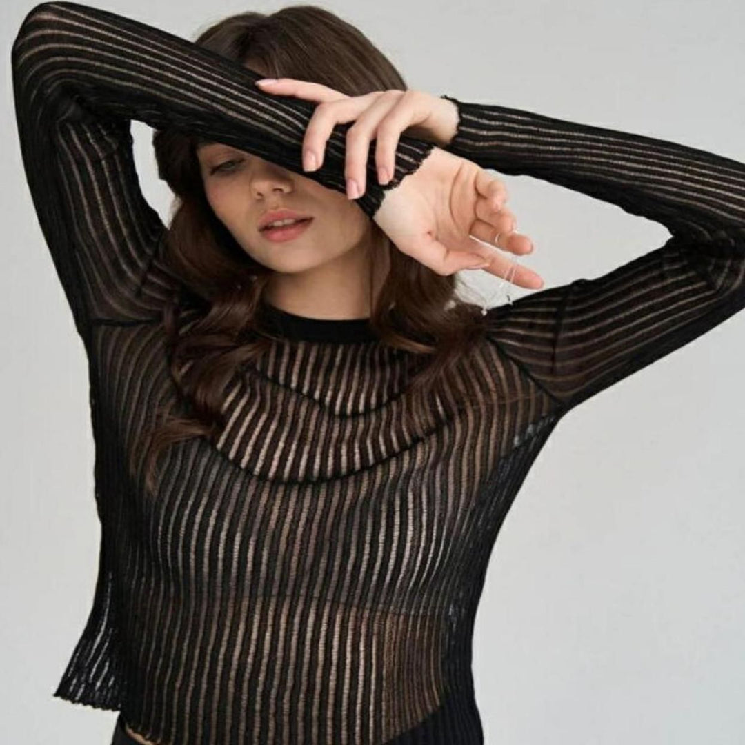 Elegant Striped Long Sleeve See-Through Top for Women