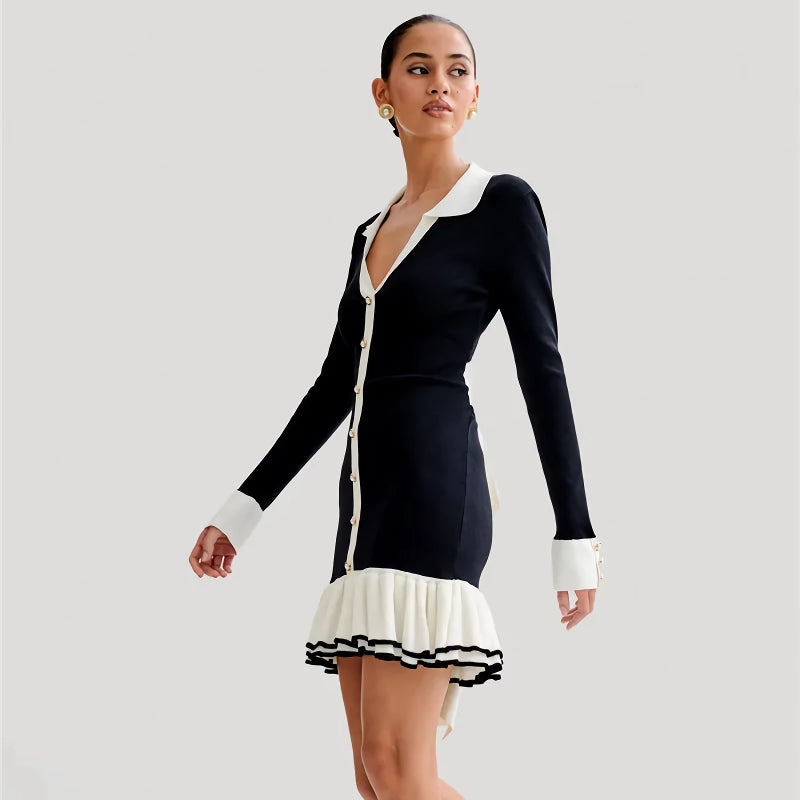 Elegant Long Sleeve Ruffled Knit Mini Dress