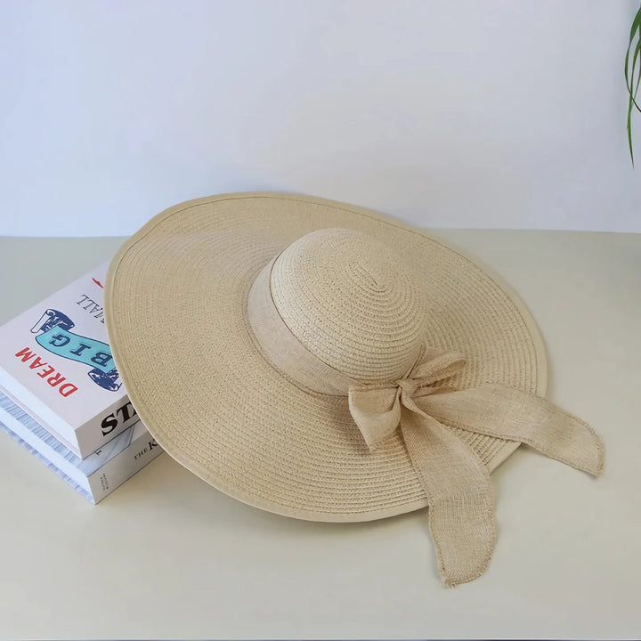 Straw Hat with Wide Brim & Bowknot