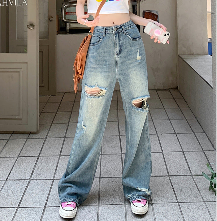 Ripped Jeans Washed Wide-leg Pants