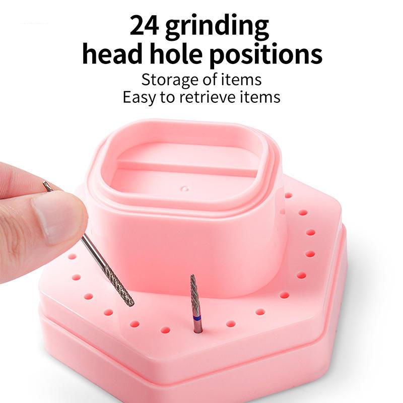 24-Hole Nail Drill Bits Storage Box with Cleaning Brush