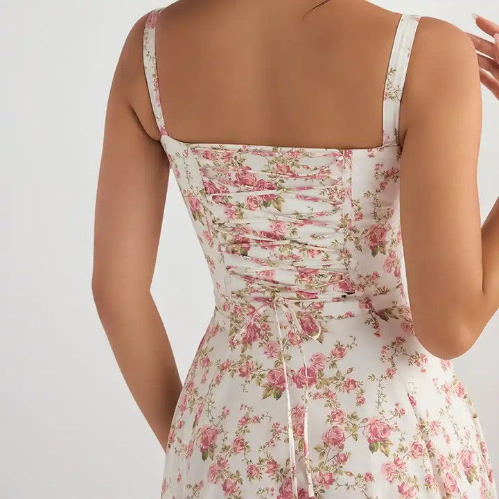 Floral Print Camisole Midi Dress with Lace-Up Detail