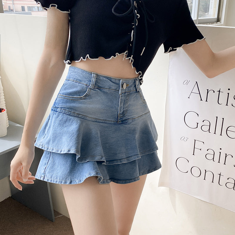 Trendy Layered Denim Mini Skirt with Pocket