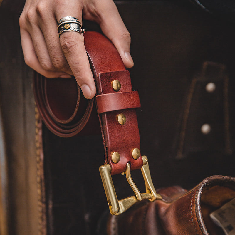 Men's Classic Cow Leather Belt with Retro Pin Buckle