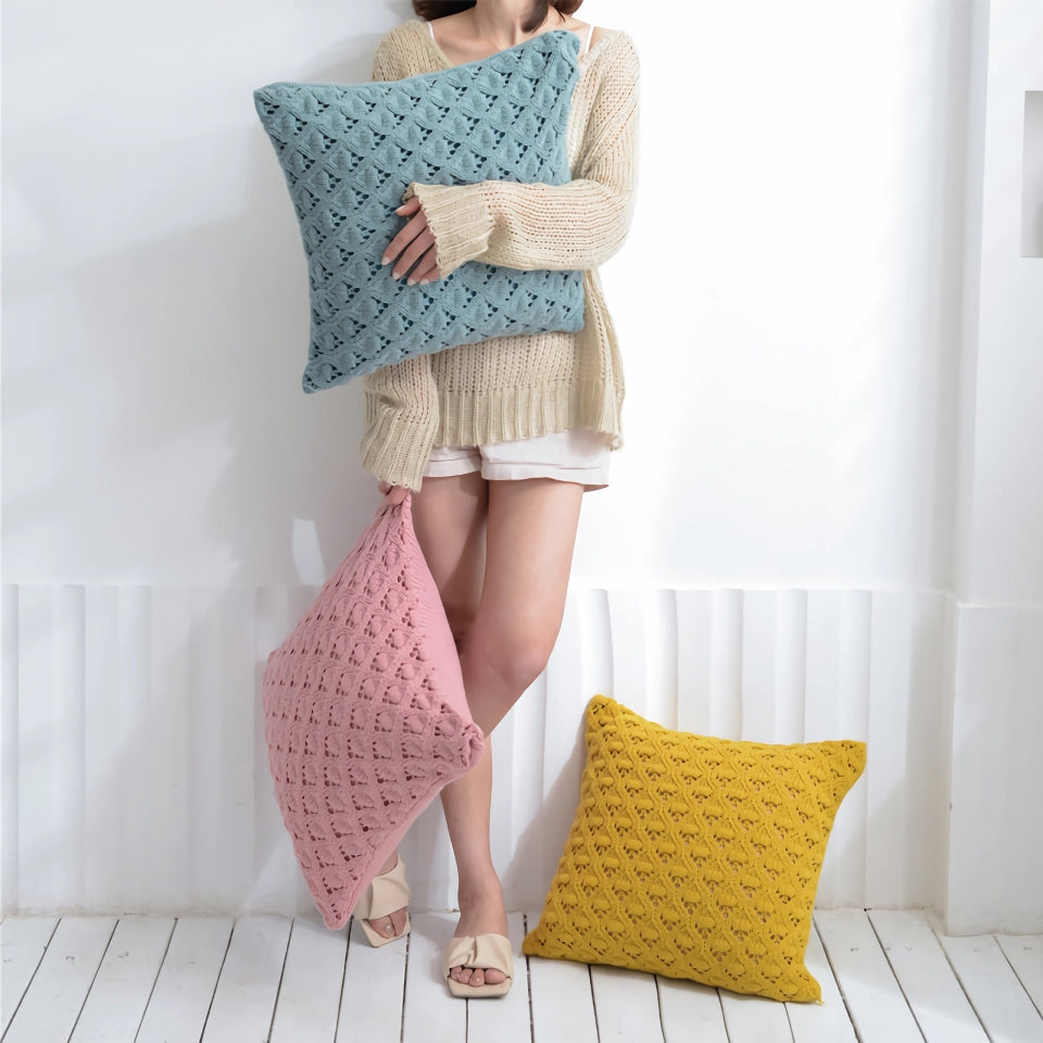 Scandinavian Style Diamond Knit Cushion Cover - Hollow-Out Pure Color Pillow Case