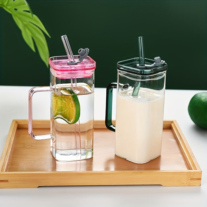 Square Glass Drinkware with Handle and Straw