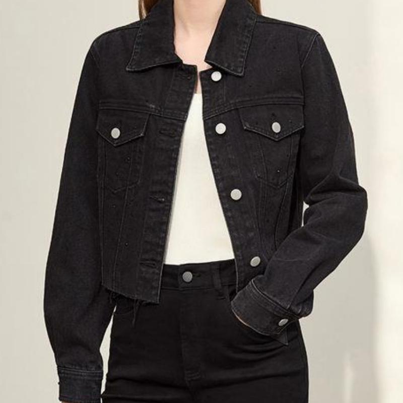 Chic Autumn Short Black Denim Jacket with Turn-down Collar