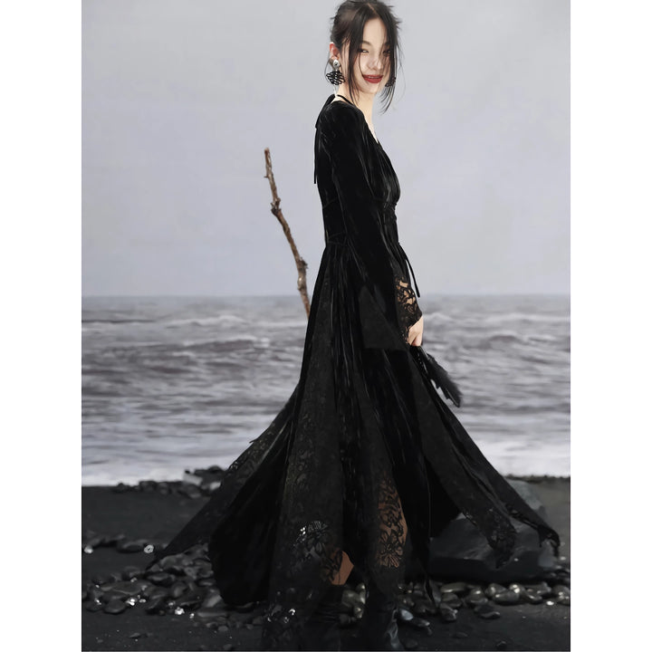 Dark Velvet Lace Splice Dress for Women - Elegant Autumn Style