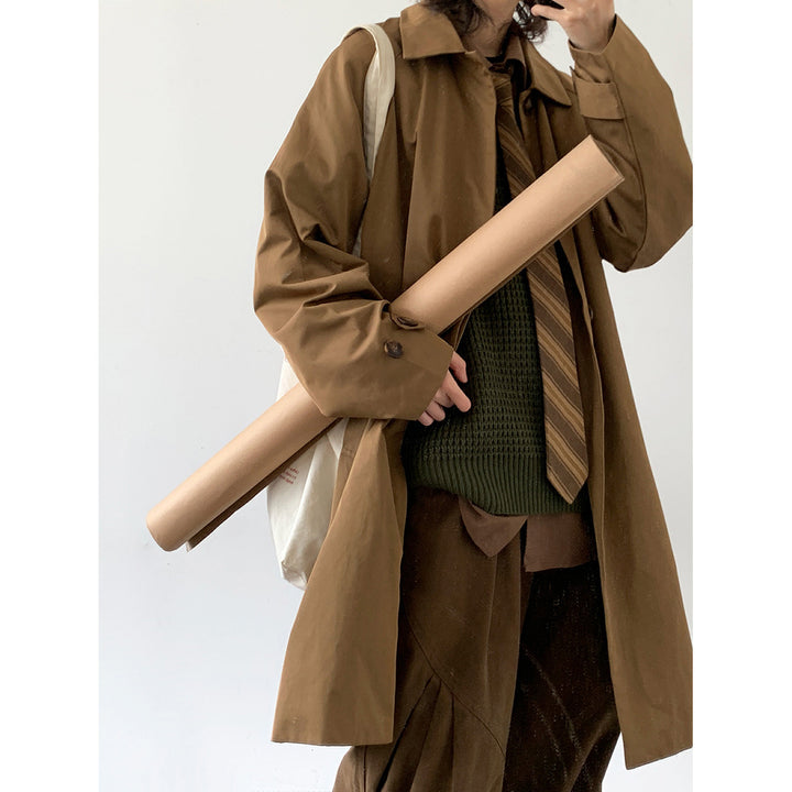 Retro Mid Length Workwear Trench Coat Basic Versatile Commuting Jacket