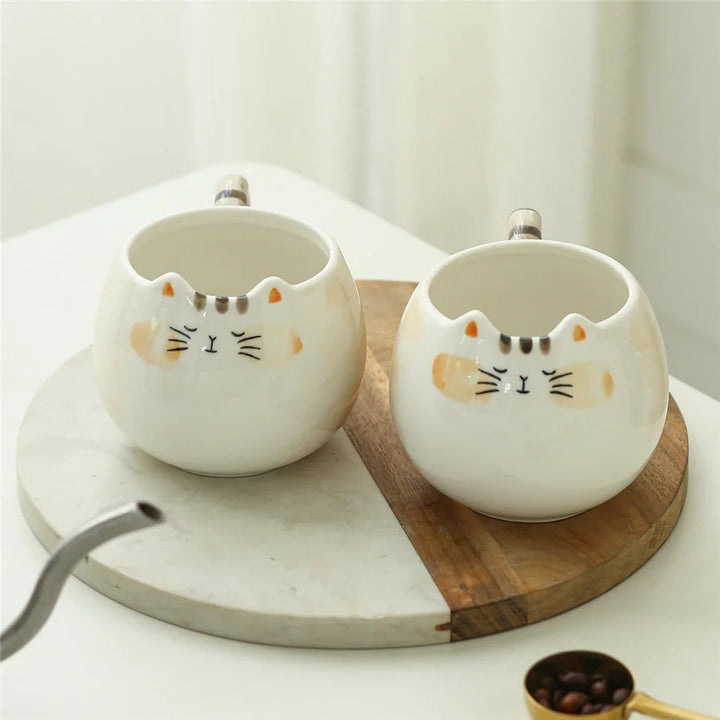 Cute Cat Shaped Ceramic Mug – Hand-painted 380ml Coffee and Tea Cup with Spoon