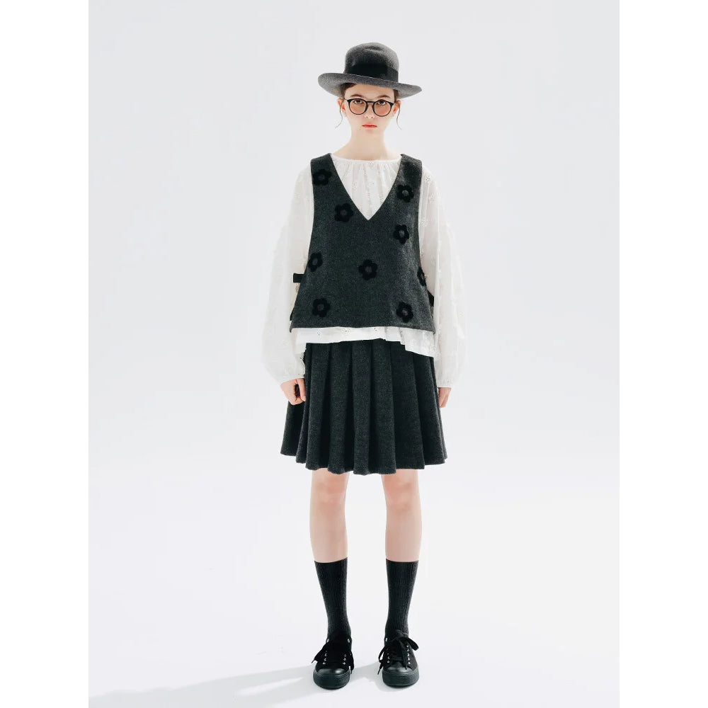 Autumn Elastic Waist Pleated Wool Skirt for Women