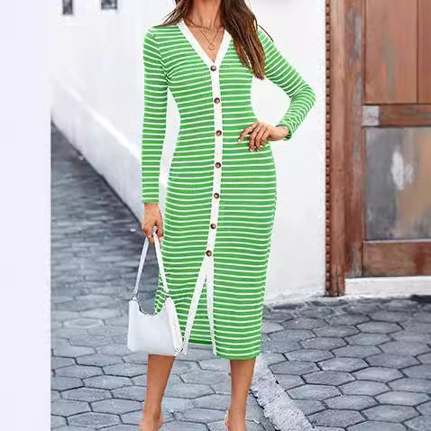 Striped Women's Long Sleeve Mid-length Dress Decoration