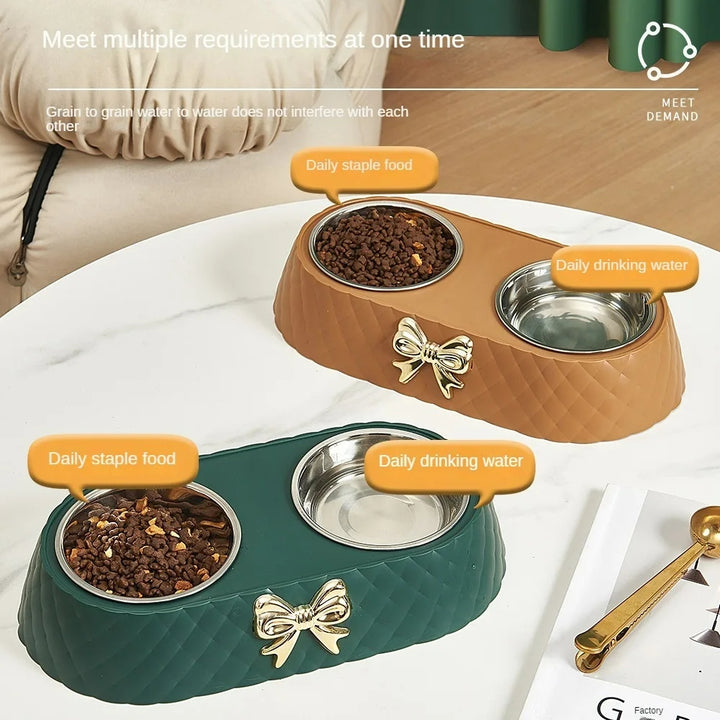 Luxury Double Pet Feeding Bowl with Bow-tie Design