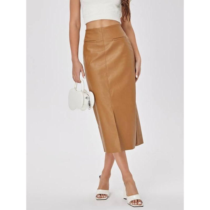 Elegant High-Waist Faux Leather Straight Skirt