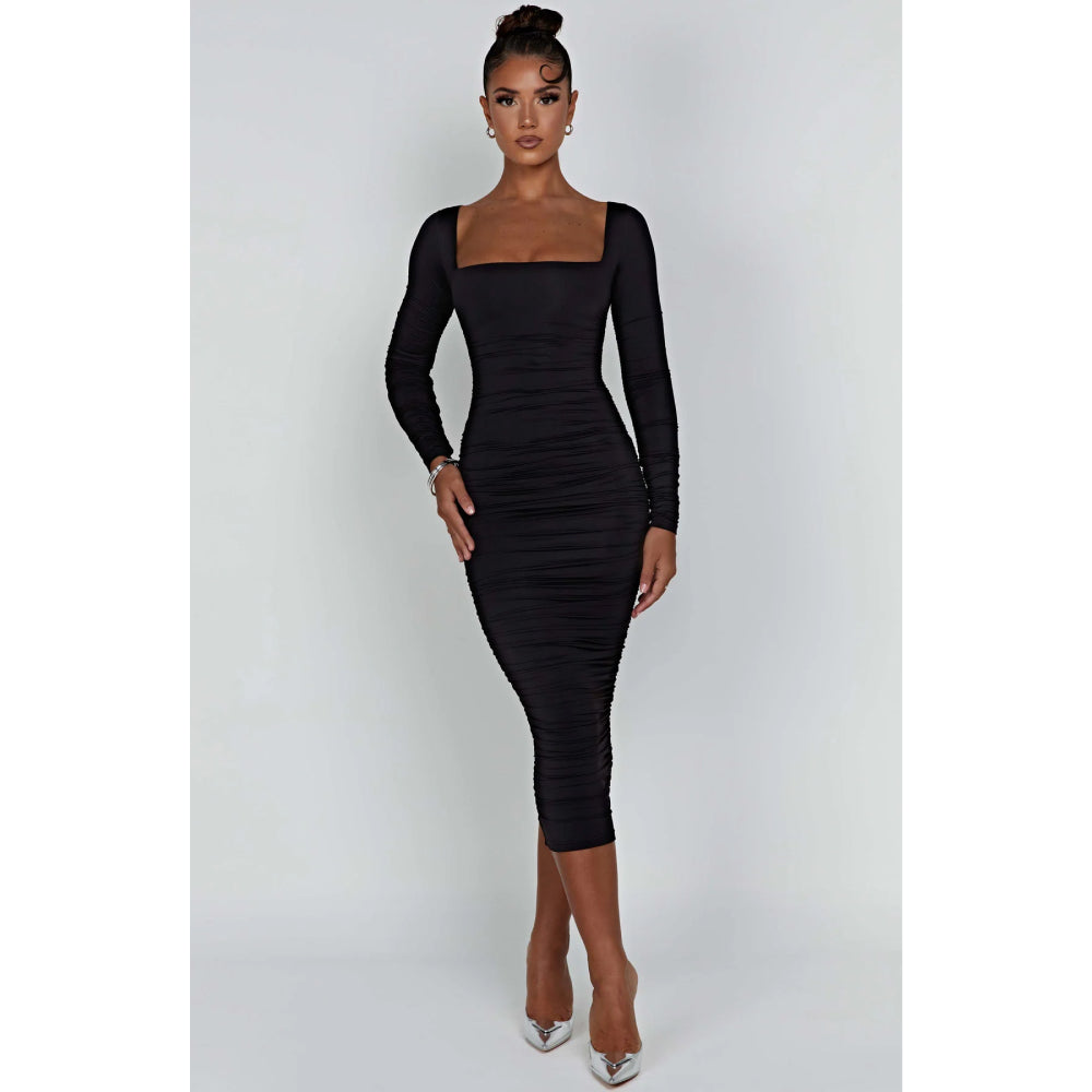 Autumn Winter Long Sleeve Ruched Midi Dress for Women