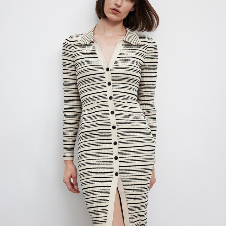 French Style Skinny Dress with Striped Lapel